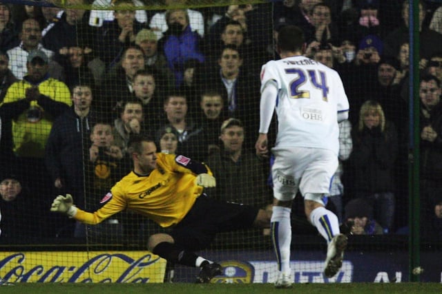 Jermaine Beckford scores from the penalty spot during the Coca-Cola League One clash at Elland Road in February 2008. The game finished 1-1.