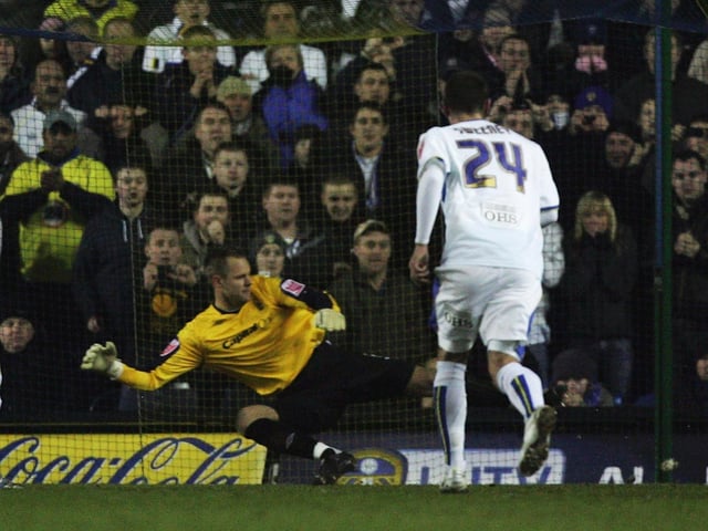 Jermaine Beckford scores from the penalty spot during the Coca-Cola League One clash at Elland Road in February 2008. The game finished 1-1.