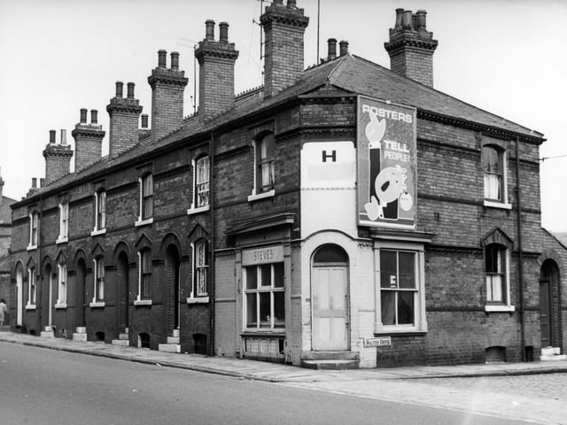 Cambridge Road in August 1967 featuring a shop, with a window on Walker Grove. This was once a butchers shop, seen here with the name 'Steves'.