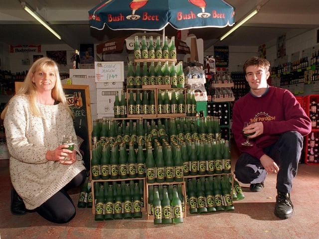 New green beer called Green Dragon went on sale at Beer Paradise in Granary Wharf. Pictured is Michele Raistrick and Richard Pearson, manager of Beer Paradise.