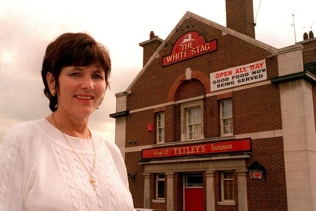 June 1997 and this is landlady Betty Timony outside The White Stag on Whitelock Street in LS7.