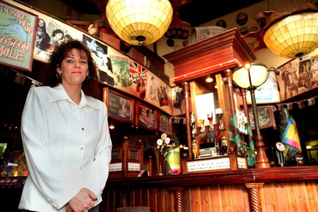 This is Julie Durham, landlady of Spencers pub on Bishopgate pictured in February 1996.