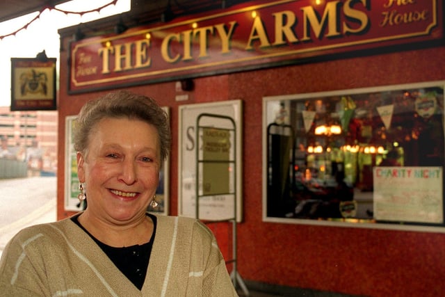 This is Brenda McFie, manager of The City Arms at Leeds City Station, pictured in December 1995.
