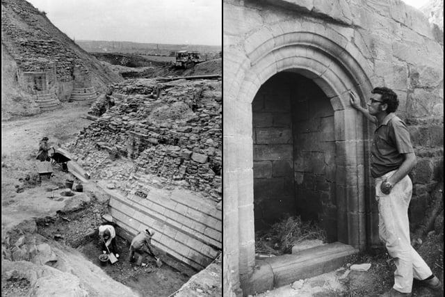 Left, the dig continues. Right, Phil Mayes, Director of Archaeology at Sandal Castle, Wakefield pictured by the doorway to the Sally-Port, which was a secure, controlled entryway, to the castle, in August 1973.