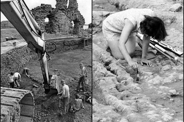 A large-scale archaeological dig was carried out at the site in the 1960s and 70s. Left, a team work on excavating a large area. Right, an archaeologist uses a brush to clean stonework.