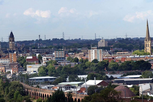 The view of Wakefield city centre from the top of Sandal Castle in 2004.