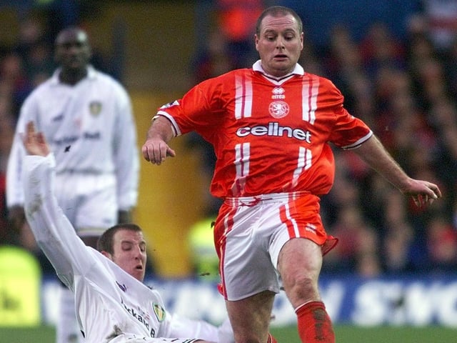 Paul Gascoigne played for Middlesbrough against Leeds United in the Premier League at Elland Road. The Whites won 2-0 thanks to goals from Alan Smith and Lee Bowyer.