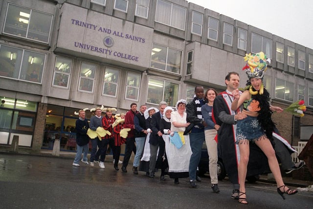Students and staff and Trinty and All Saints College in Horsforth held conga event around the campus to raise money to assist a blood transfusion centre in Goma.