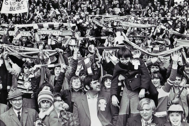 Excited Wigan Athletic fans at Wembley before the start of the FA Trophy final against Scarborough.  Latics lost 2-1 in extra time on Saturday 28th of April 1973.