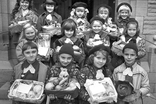 Harvest Festival gifts distributed by Wigan Brownies in 1974.