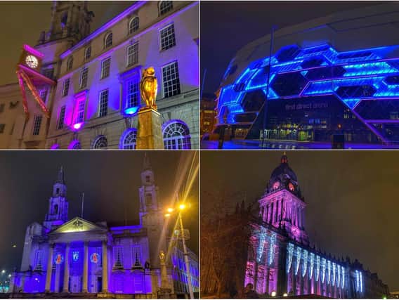 Iconic buildings in Leeds were lit up in purple on Thursday night to recognise the Covid heroes