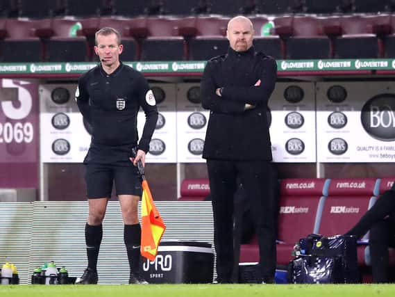 Sean Dyche, Manager of Burnley looks on during the FA Cup Third Round match between Burnley and Milton Keynes Dons at Turf Moor on January 09, 2021 in Burnley, England.