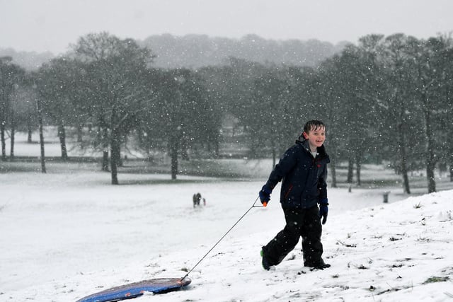 Eight-year-old Harry Bennett has fun in the snow in Roundhay Park, Leeds