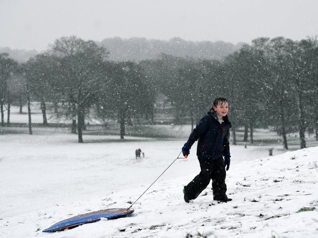 Eight-year-old Harry Bennett has fun in the snow in Roundhay Park, Leeds