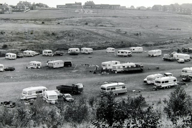 The gypsy and traveller roadside site at the Middleton Railway terminus at Middleton Park in August 1986. Around 30 caravans were encamped on the site owned by Leeds City Council and adjoining Middleton Railway.