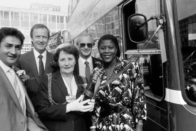 September 1986 and new Yorkshire Rider buses were launched. Pictured is Lord Mayor of Leeds, Coun Rose Lund, snooker star Joe Johnson, Olympian Tessa Sanderson, Michael Simmons, WYPTA chairman and Bill Cottham, Yorkshire Rider MD.