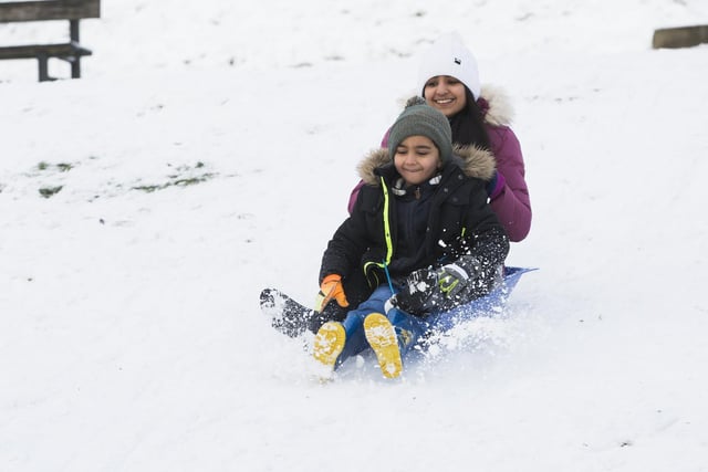 Abdullah Ramiz and Aminah Ramiz sledging at West View Park, Halifax.