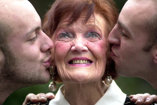 Blind Date auditions in Leeds. Pictured is Kathy Jones, 76, from Beeston, receiving a kiss from two other applicants Jai Branch (left) and Steven Schools.