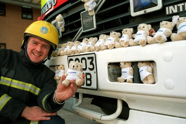 Firefighter Andrew Wood at Leeds Fire Station on Kirkstall Road with 'Trauma Teds'. These were given to children who were left traumatised as the result of a fire in the home.