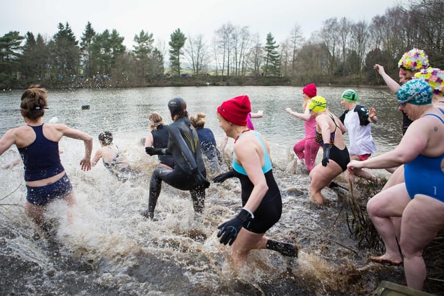 Swimmers enter the icy cold water