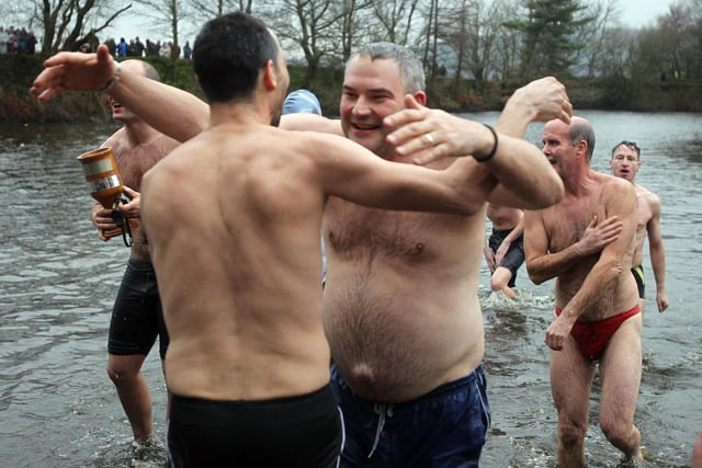 The men emerge 'refreshed' at the annual Todmorden Swimming Club New Years swim,