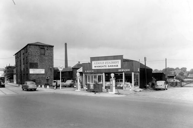 August 1961. Looking across Tong Road from the junction with Whingate and Upper Wortley Road. To the left is a clothing factory, business of T. Conaty.  Whingate Garage is in the centre, owned by Arnold Stainsby.
