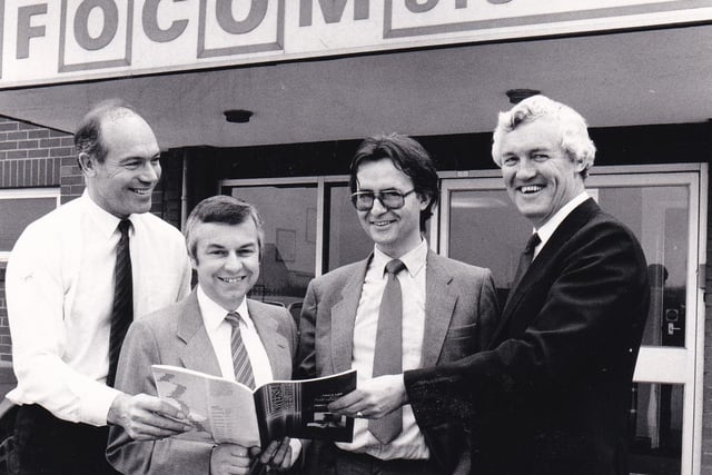 The directors of Pirelli Focom outside their Leeds premises in April 1987. Pictured are John Iles (left), Norman Robertson, Martin Farrell and Mr Elliot.