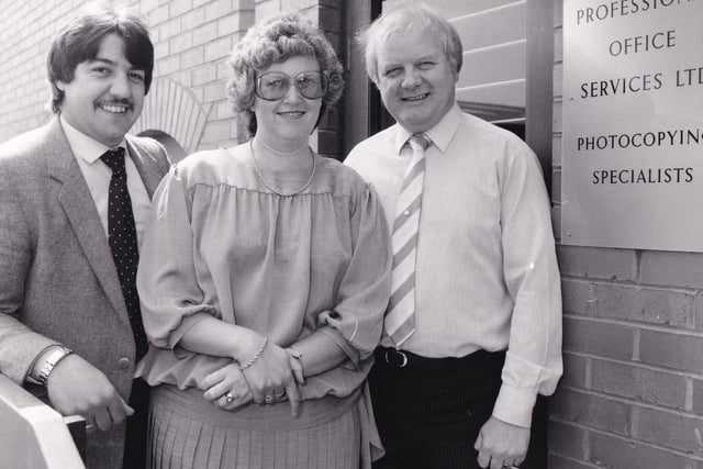 Staff from Professional Office Services in June 1984. Pictured, left to right, John Webster (service manager), Diane Townsend (director) and Tony Townsend (general manager).