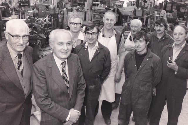 November 1980 and pictured is chairman Sydney Dawson (left) and managing director John Dawson with members of the works committee at John Dawson and Sons based on Clayton Wood Rise in Leeds.