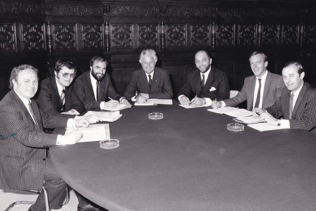 July 1983 and pictured are the team of Parkdale financial specialists. Pictured, from left to right, are Nicholas McMahon Turner (managing director), Peter Dennis, Nigel Bailey, Gerald Smith, Peter Barlow, David Macartney and Peter Littlehales.