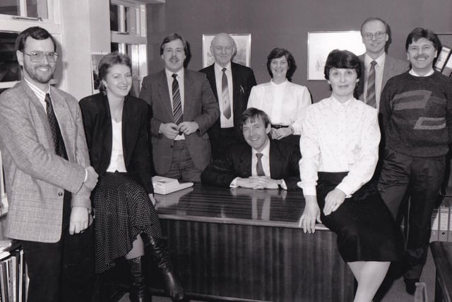 The team at electrical specialists Richardsons in February 1989. Pictured, left to right, is Paul Hawkins, Luciana Szajnowska, Bob Armstrong, Derek Dorrington, Lisle Richardson (MD), Ruth Drew, Dorothy Johnson, Keith Sergent and John Parkes.