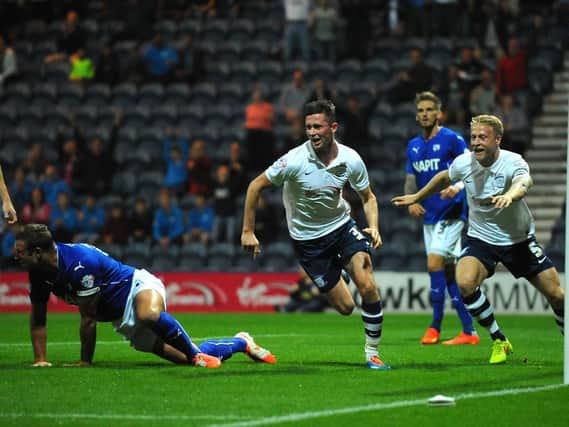 Alan Browne scores for PNE against Chesterfield in September 2014