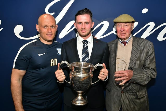 Alan Browne with Alex Neil and Trevor Hemmings after being voted PNE player of the year for 2017/18