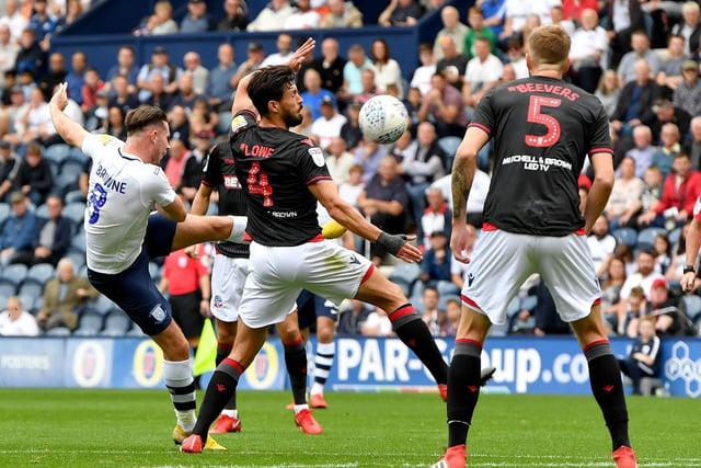 Alan Browne hooks home a superb volley against Bolton at Deepdale in September 2018 - it won him goal of the season for a second year running