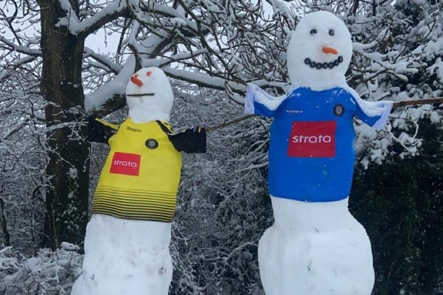 Jack Wilkinson's snowmen of Harrogate Town strikers Jon Stead and Mark Beck