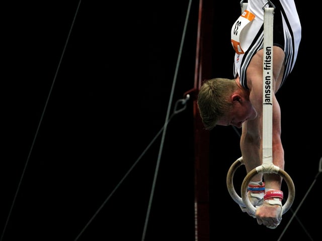 Nile Wilsoncompetes on the Mens Rings during day five of the European Youth Olympic Festival held at Utrecht, Netherlands, in July 2013..