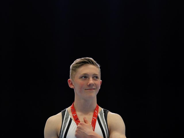 Nile Wilson poses with the Gold medal after the Mens Pommel Horse medal ceremony during day five of the European Youth Olympic Festival at Utrecht, Netherlands, in July 2013.