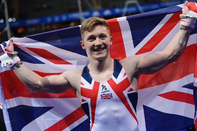 Nile Wilson celebrates winning the Mens Horizontal Bar competition of the European Artistic Gymnastics Championships 2016 in Bern, Switzerland in May 2016.