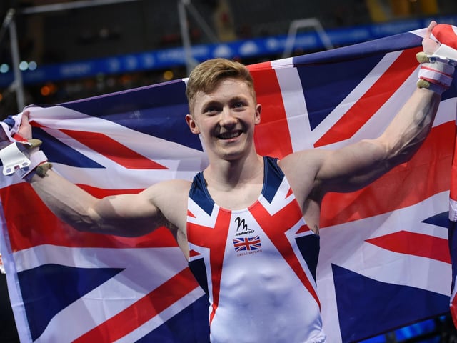 Nile Wilson celebrates winning the Mens Horizontal Bar competition of the European Artistic Gymnastics Championships 2016 in Bern, Switzerland in May 2016.