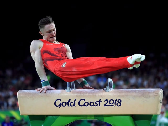 Nile Wilson competes on the Pommel horse during the men's gymnastics team event final at the Coomera Indoor Sports Centre during day one of the 2018 Commonwealth Games.