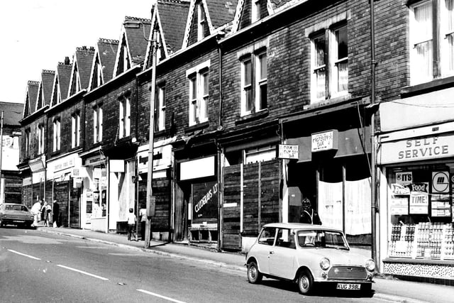 A street of closures. The north side of Tong Road near its junction with Wellington Road in August 1974.
