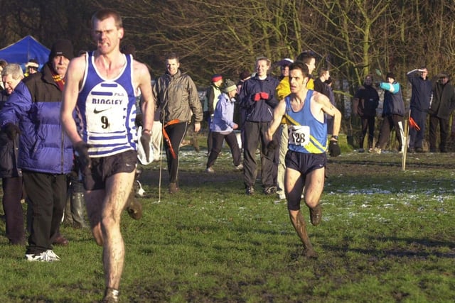 Chris Cariss of Bingley Harriers (left) sprints for the line ahead of Martin Hilton of Leeds City Athletic Club to win the Nike Yorkshire County Cross Country Championships at Nunroyd Park, Guiseley.