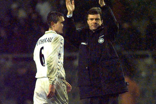 David O'Leary acknowledges the support of Leeds United's travelling army at full time.