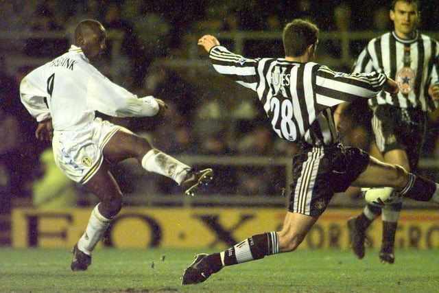 Jimmy Floyd Hasselbaink fires home Leeds United third.