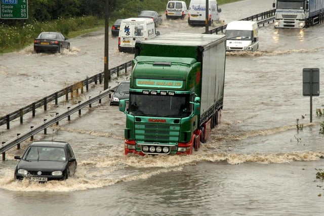 Motorists are picture driving through deep flood water on the A63 road into Hull.
The 2007 floods brought devastation to Sheffield and Hull and left three people dead.
