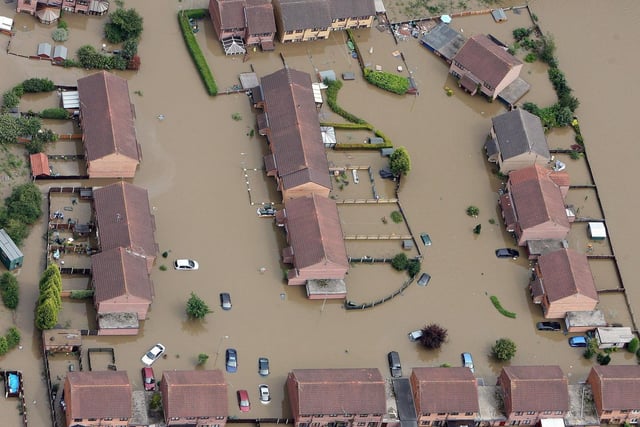 An aerial view of the village of Catcliffe near Sheffield under water following the heavy rainfall on June 25, 2007.