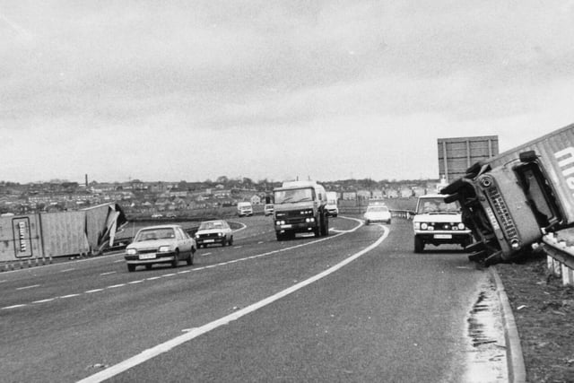 December 1982 and high sided vehicles were blown over by the gale force winds on the M1 motorway approaching Leeds.