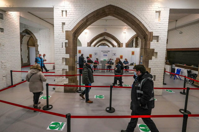 The entrance to the vaccination centre at the Crypt in Blackburn Cathedral. Pic: Peter Byrne/PA Wire