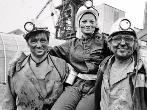 The French actress Francoise Pascal visiting the coal mines in 1980