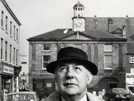 Sir John Betjeman, the poet behind The Liquorice Fields at Pontefract, pictured in the town centre, 1970